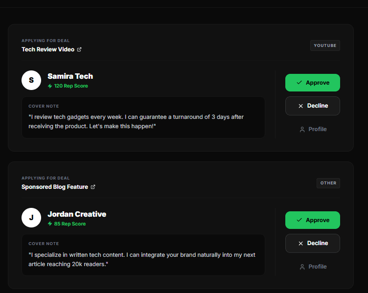 Approvals inbox — applicants with rep scores, approve or decline