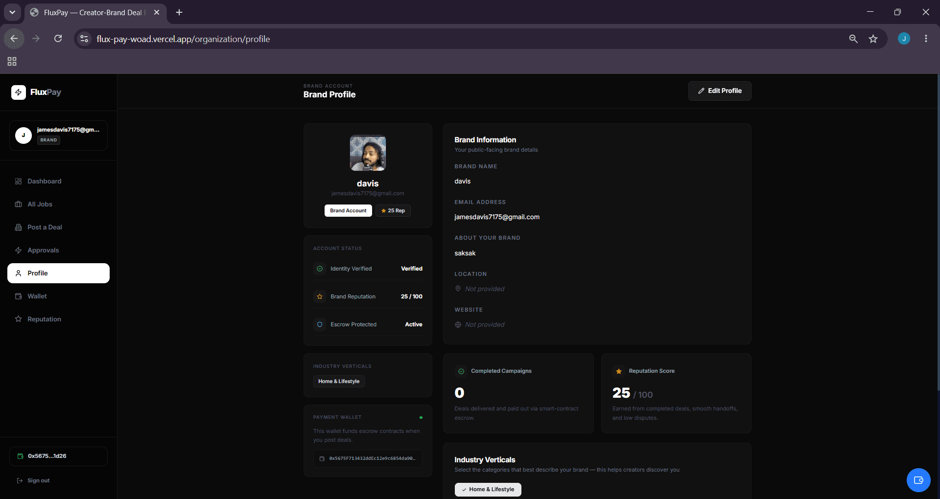 Brand profile — verification status, reputation, industry verticals, socials