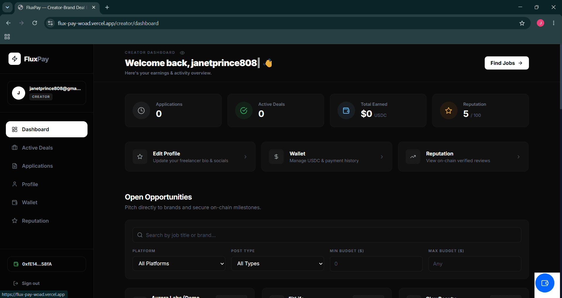Creator dashboard — applications, active deals, earnings, reputation