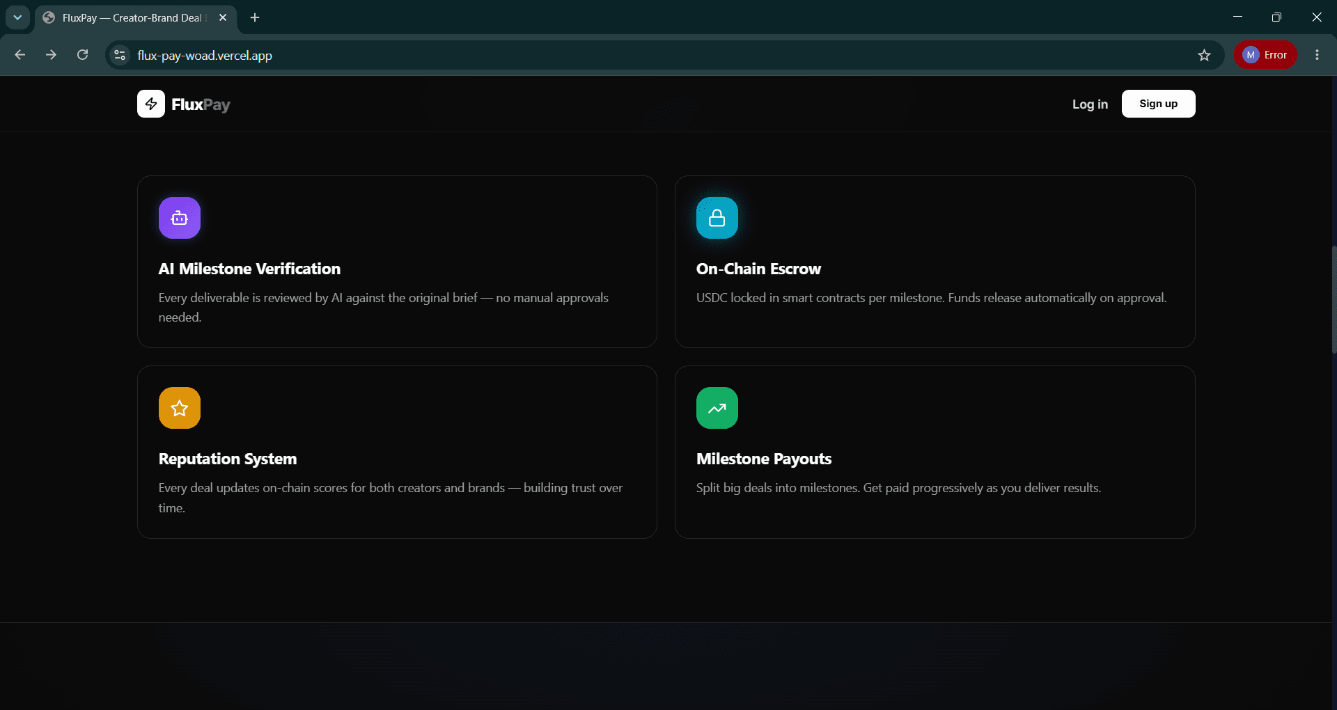 AI milestone verification, on-chain escrow, reputation, and milestone payouts