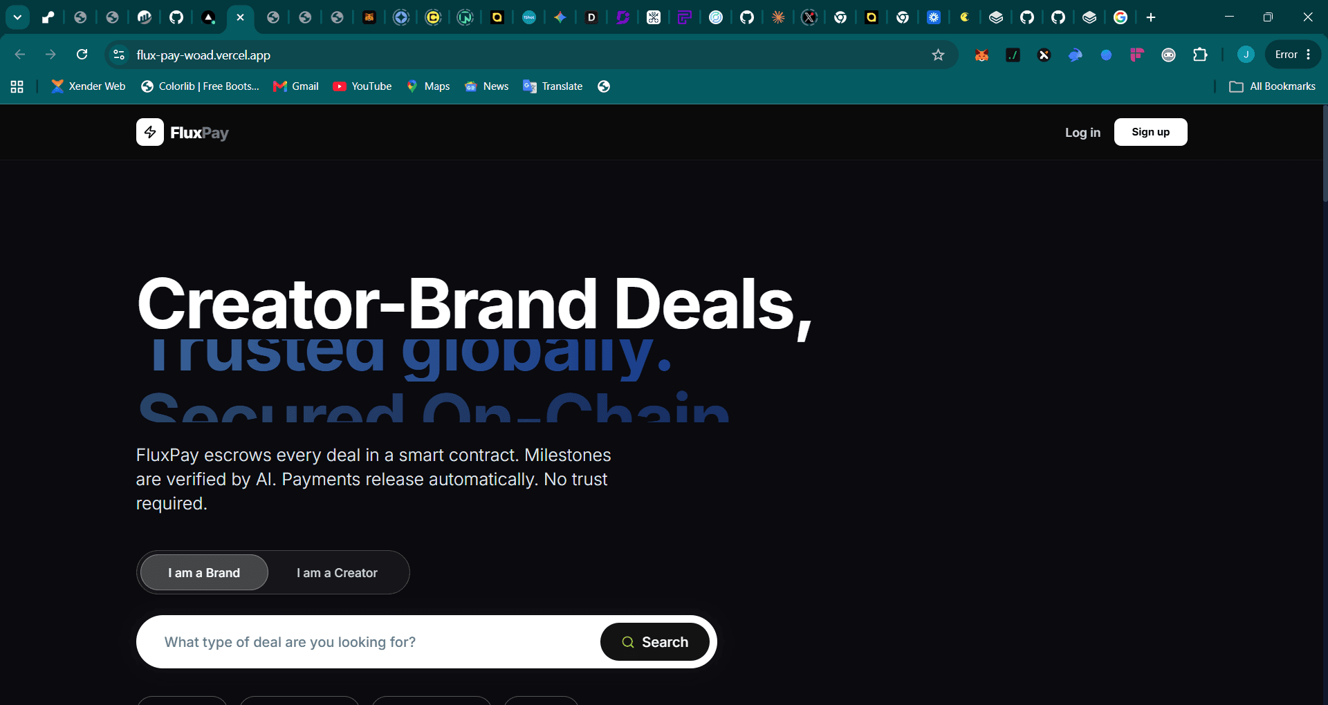 FluxPay landing — Creator-Brand Deals, secured on-chain