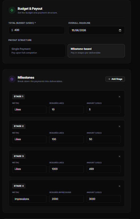Milestone-based payout — stages with metrics and amounts