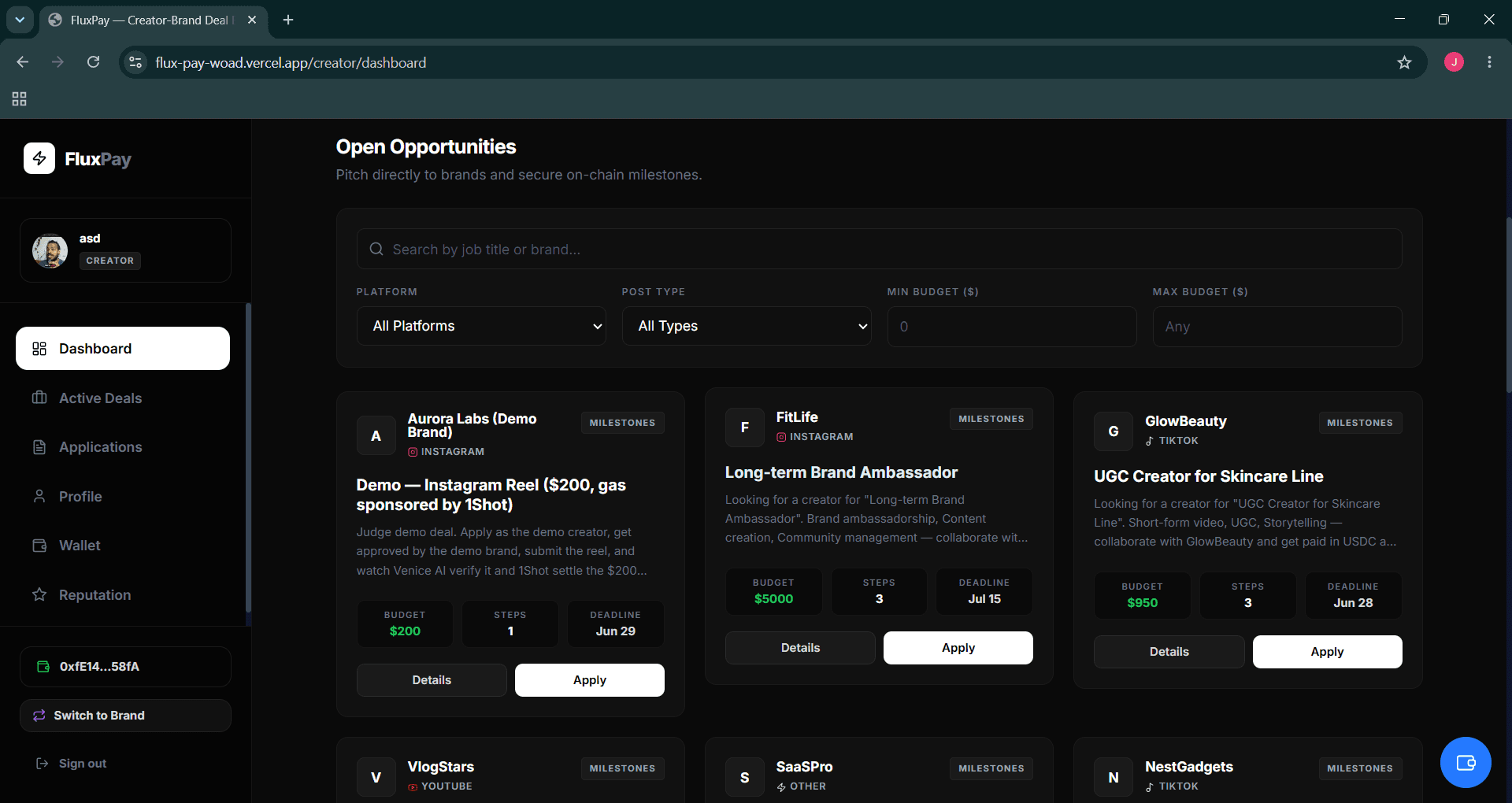 Open opportunities — a demo Instagram Reel deal with gas sponsored by 1Shot