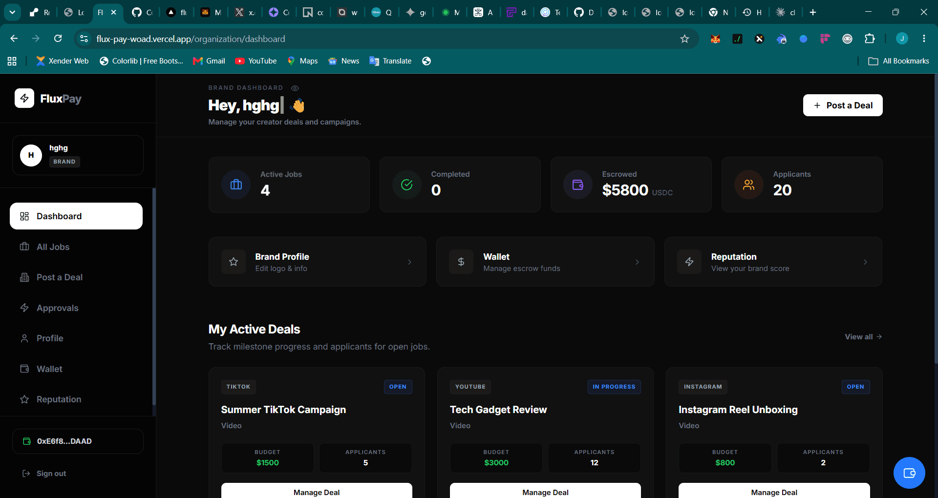 Organization (brand) dashboard — active jobs, escrow funds, applicants
