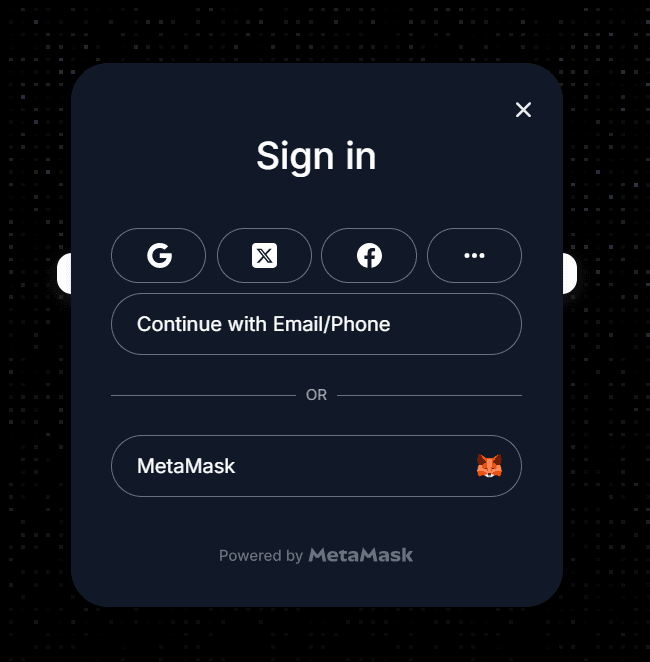 Sign in — Google, X, Facebook, email, or MetaMask