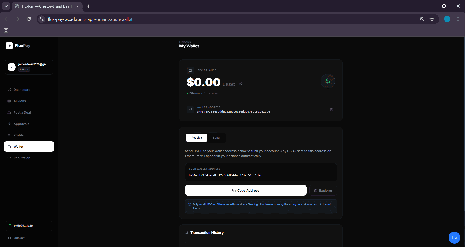 Wallet — USDC balance, receive/send, transaction history